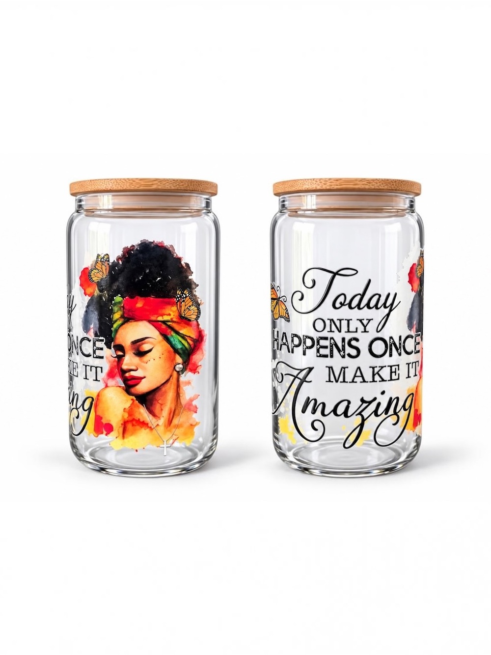 Handmade 16 oz Glass Tumbler Cup with Bamboo Lid & Straw inspirational quote